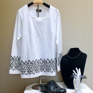 BOB MACKIE NWT!  White Black Gold Embroidered Long Sleeve Boat Neck Top Sz M